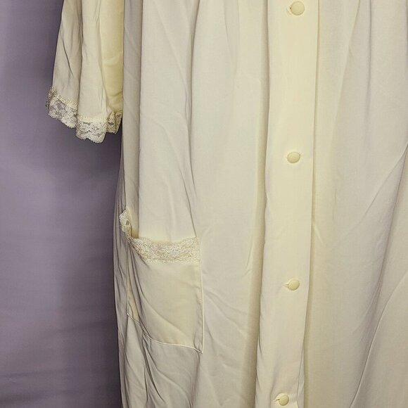 Vintage ShadowLine Robe Women M Yellow Short Sleeve Button Down Lace Trim Pocket - Picture 3 of 11